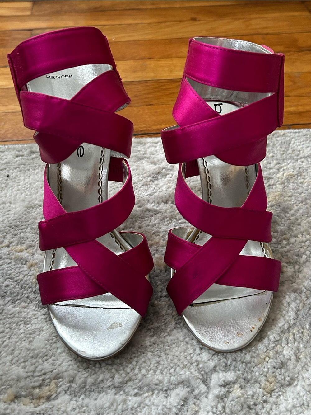 BEBE. Women’s Fuchsia Strappy Satin 4” Heels